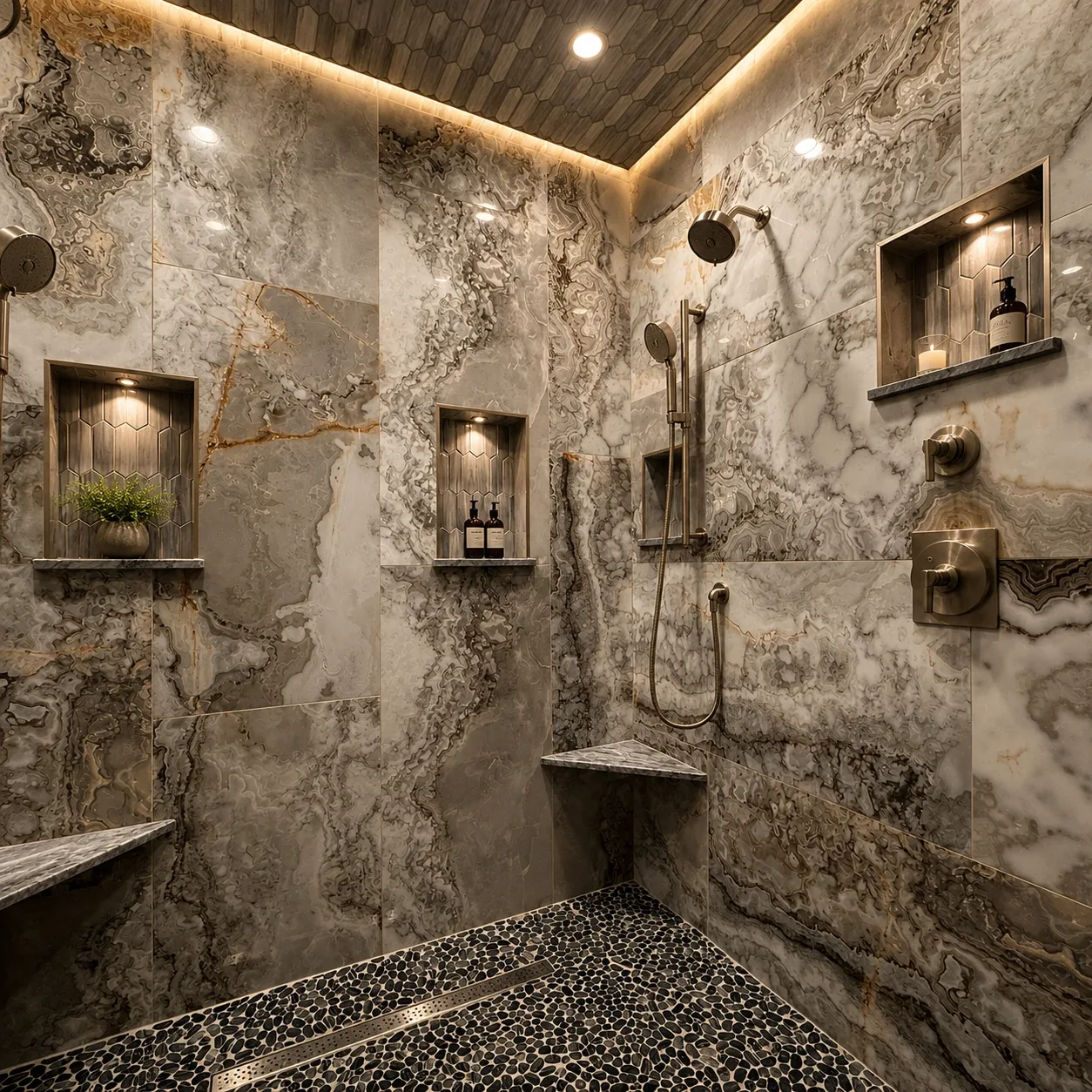 Custom walk-in shower with full-height veined stone-look wall tile, two lit recessed niches finished in elongated hexagon tile, a mosaic pebble floor with a linear drain, stone corner benches and a hexagon-tiled ceiling with cove lighting.