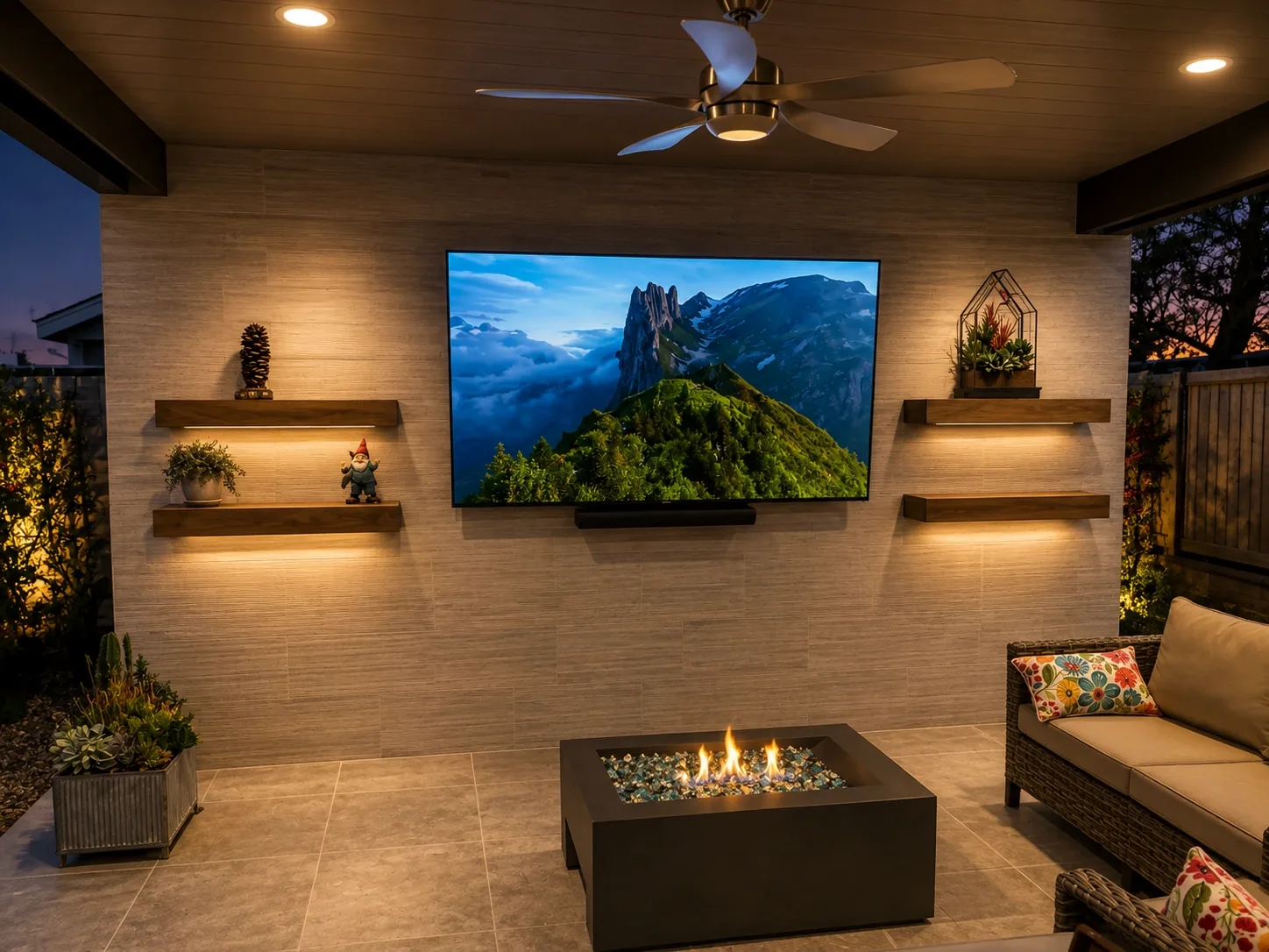 Covered outdoor living area with a full wall of large-format linear-textured tile, floating wood shelves, a mounted television and a fire table on a large-format tile floor.