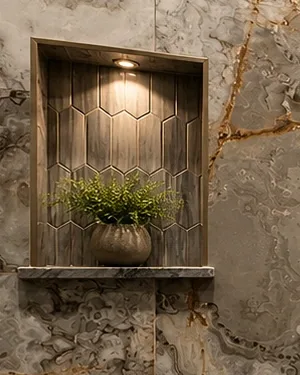 Close-up of a lit recessed shower niche framed with a mitred stone shelf and lined with elongated hexagon tile.