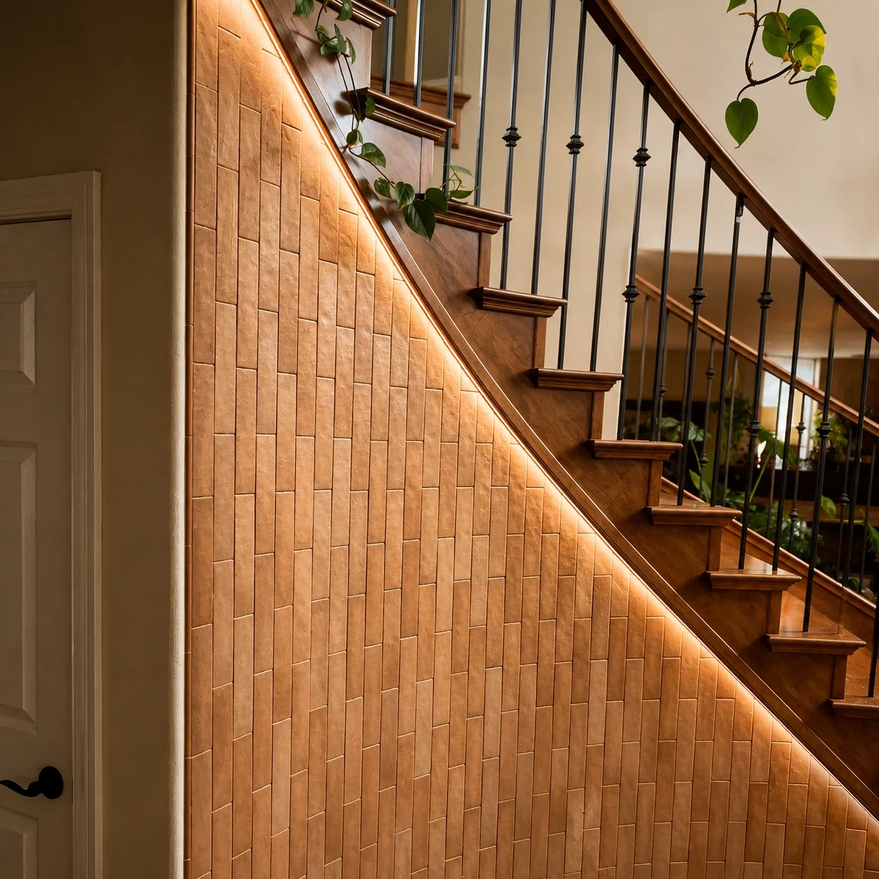 Curved staircase wall clad in vertical stacked rectangular tile, following the sweep of the stair with a continuous LED cove light along the handrail line.