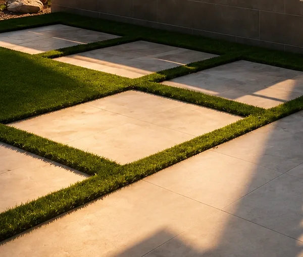 Large-format paving slabs set into turf with consistent joint widths and square corners.